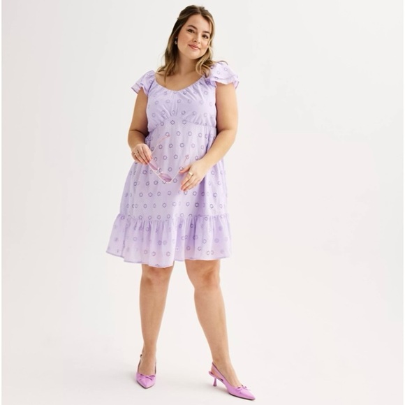 NWT SO Juniors Plus 1X Lavender Flutter Sleeve Eyelet Babydoll Dress, Spring - Picture 4 of 9